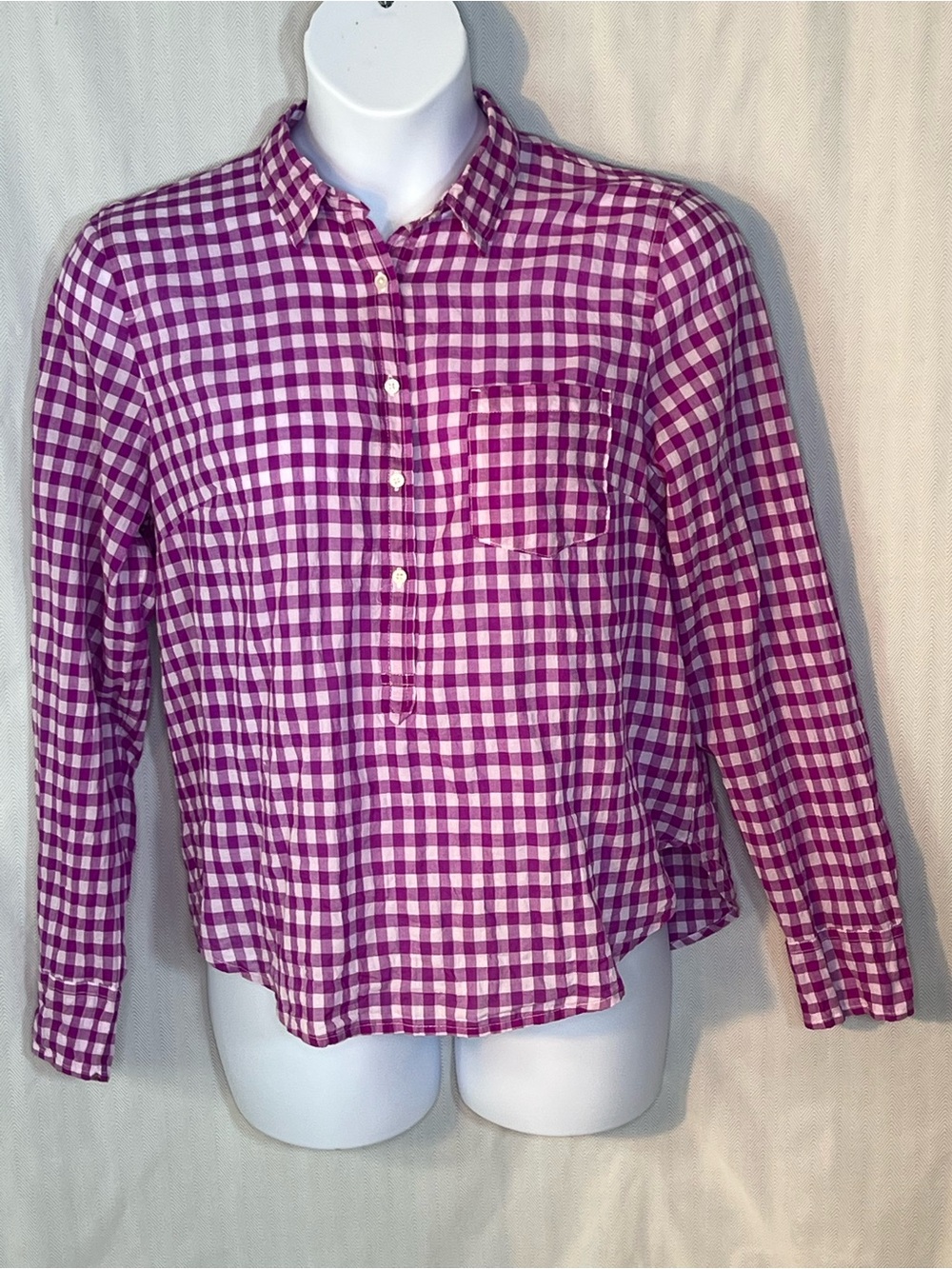 J. Crew Shirt Pink & White Gingham Plaid 1/4 Button Front & Collar Long Sleeve L